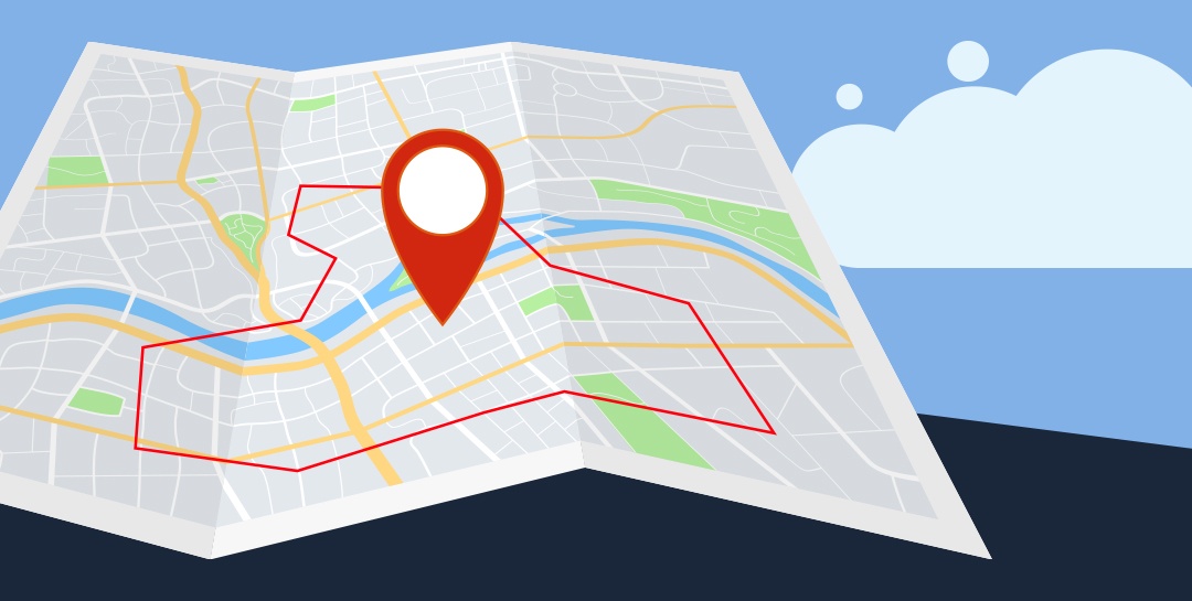 Stylized map with location icon and red line marking area.