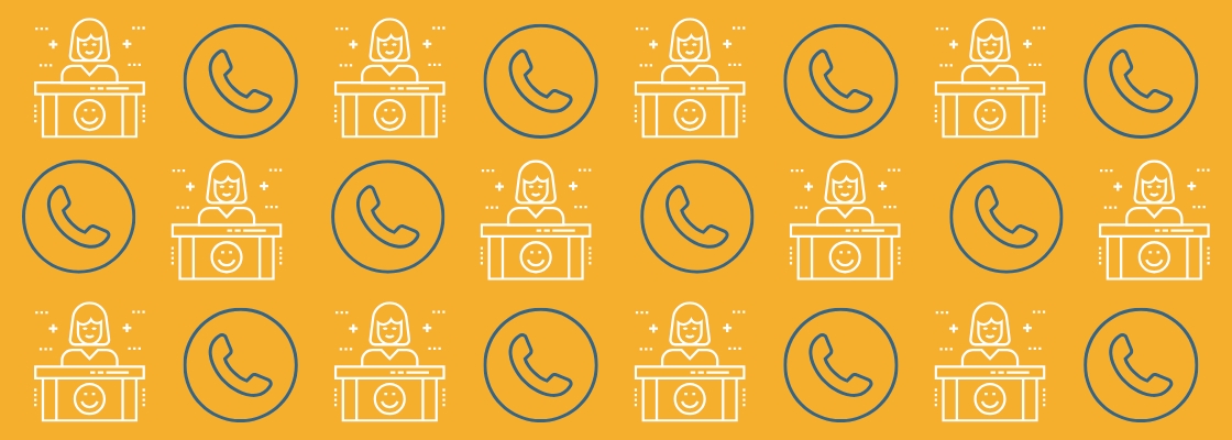 Icons symbolizing a front desk and a phone, set against a yellow background.