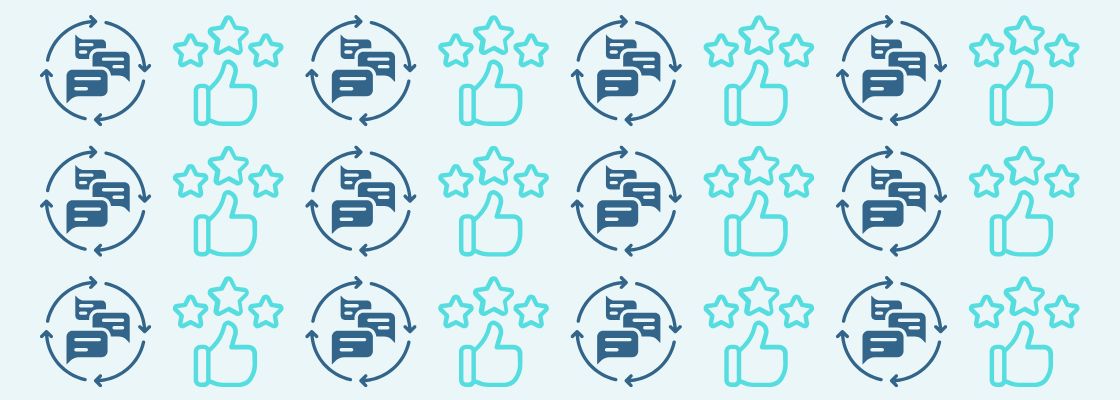 Icons representing patient feedback displayed on a blue background, including symbols for ratings, reviews, and testimonials.